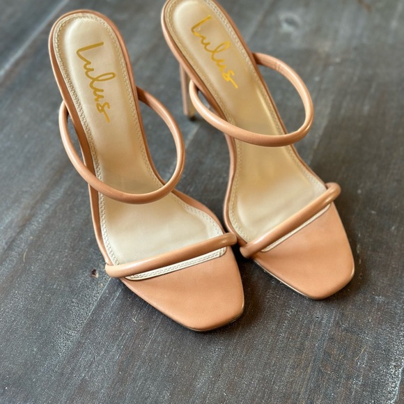 Lulus Theyaa Tan Square-Toe High Heel Sandals Two Straps Dressy Size 10 EUC - Picture 2 of 7